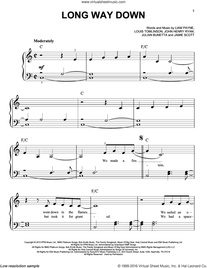 Long Way Down sheet music for piano solo by One Direction, Jamie Scott, John Henry Ryan, Julian Bunetta, Liam Payne and Louis Tomlinson, easy skill level