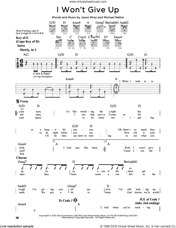 I Won't Give Up sheet music for guitar solo (lead sheet) by Jason Mraz, Miscellaneous and Michael Natter, intermediate guitar (lead sheet)