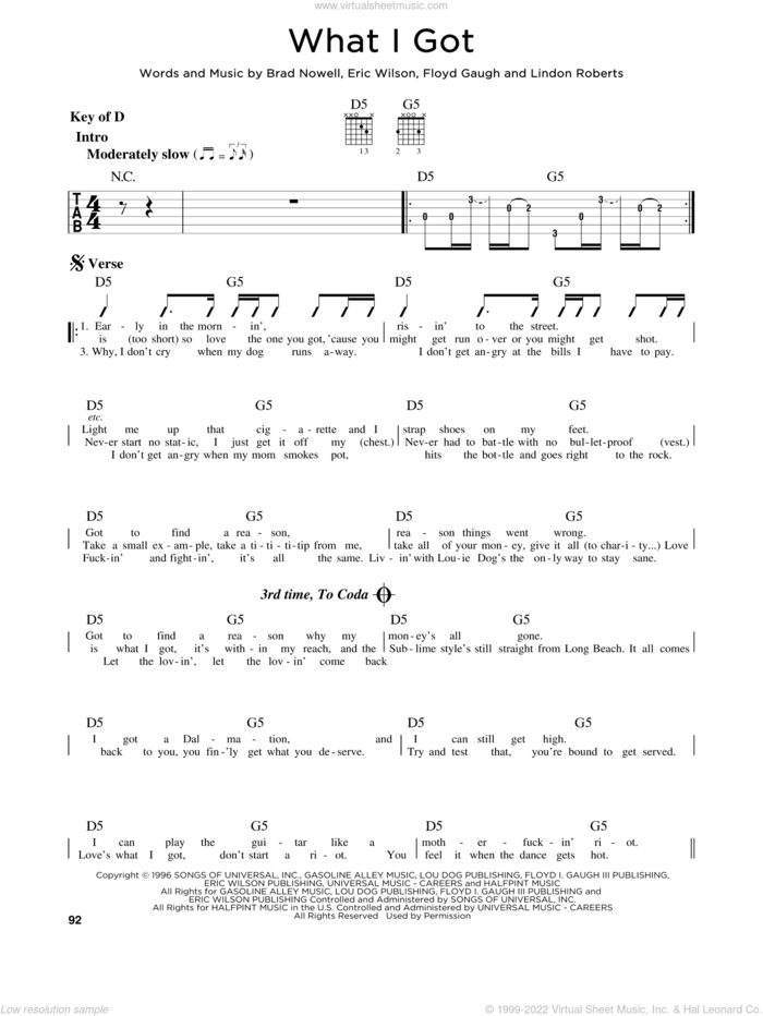 What I Got sheet music for guitar solo (lead sheet) by Sublime, Brad Nowell, Eric Wilson, Floyd Gaugh and Lindon Roberts, intermediate guitar (lead sheet)