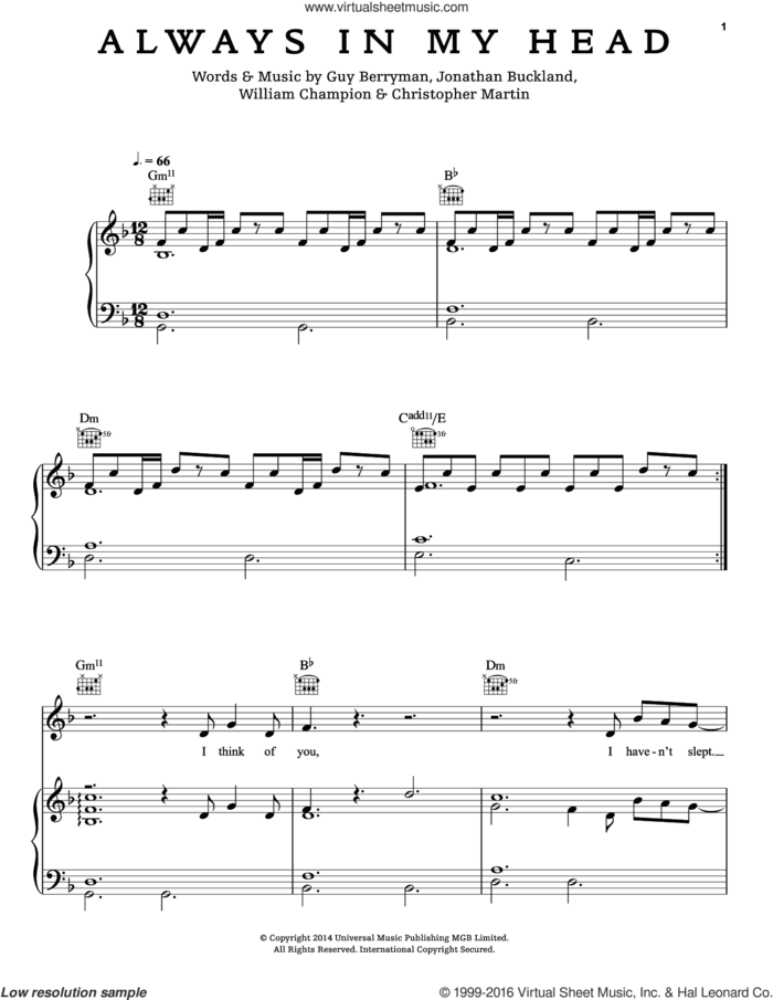 Always In My Head sheet music for voice, piano or guitar by Guy Berryman, Coldplay, Chris Martin, Jon Buckland and Will Champion, intermediate skill level
