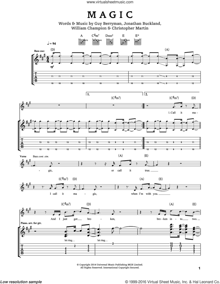 Magic sheet music for guitar (tablature) by Guy Berryman, Coldplay, Chris Martin, Jon Buckland and Will Champion, intermediate skill level