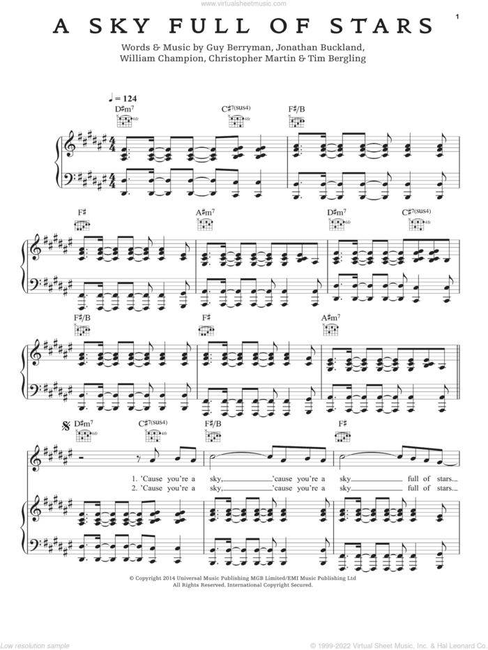 A Sky Full Of Stars sheet music for voice, piano or guitar by Coldplay, Chris Martin, Guy Berryman, Jon Buckland, Tim Bergling and Will Champion, wedding score, intermediate skill level