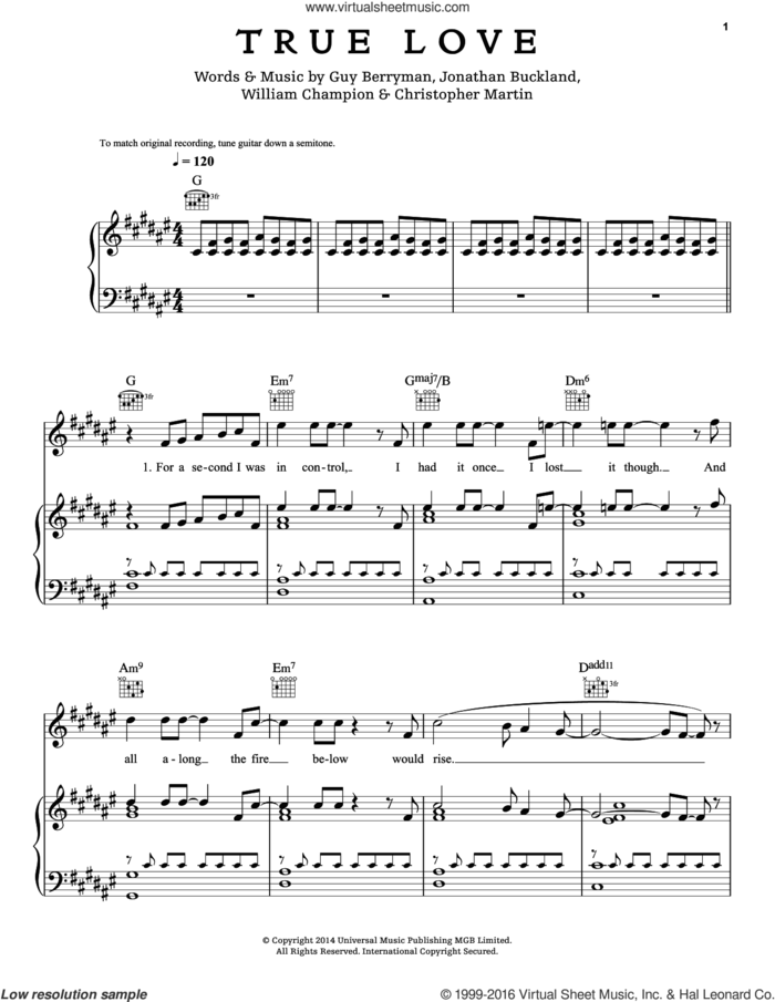 True Love sheet music for voice, piano or guitar by Guy Berryman, Coldplay, Chris Martin, Jon Buckland and Will Champion, intermediate skill level
