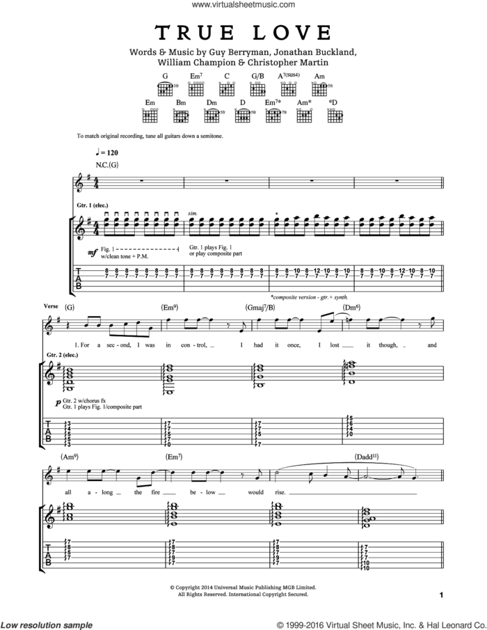 True Love sheet music for guitar (tablature) by Guy Berryman, Coldplay, Chris Martin, Jon Buckland and Will Champion, intermediate skill level