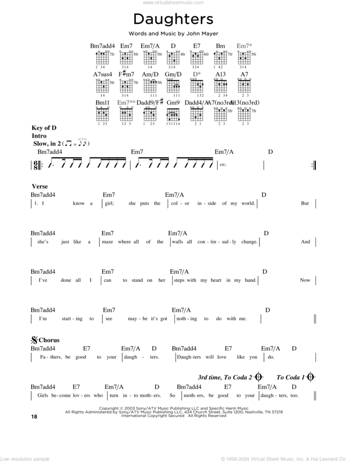 Daughters sheet music for guitar solo (lead sheet) by John Mayer, intermediate guitar (lead sheet)