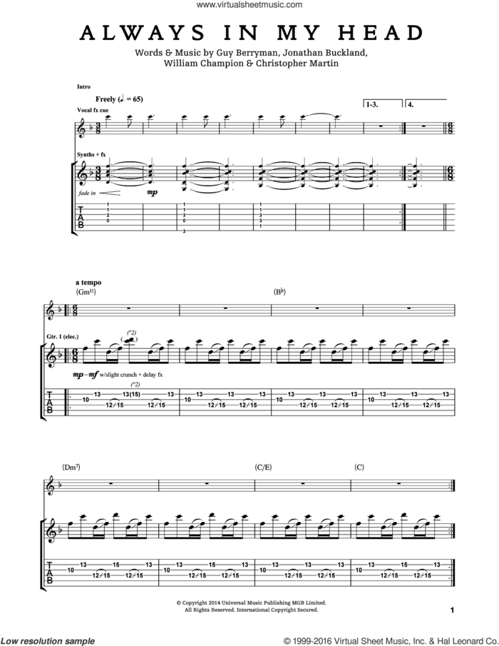 Always In My Head sheet music for guitar (tablature) by Guy Berryman, Coldplay, Chris Martin, Jon Buckland and Will Champion, intermediate skill level