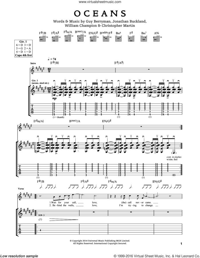 Oceans sheet music for guitar (tablature) by Guy Berryman, Coldplay, Chris Martin, Jon Buckland and Will Champion, intermediate skill level