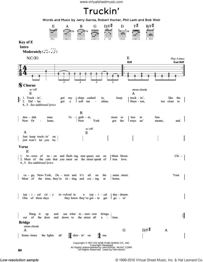 Truckin' sheet music for guitar solo (lead sheet) by Grateful Dead, Bob Weir, Jerry Garcia, Phil Lesh and Robert Hunter, intermediate guitar (lead sheet)