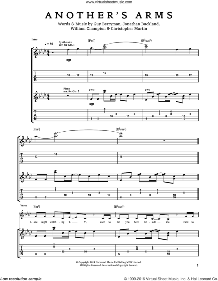 Another's Arms sheet music for guitar (tablature) by Guy Berryman, Coldplay, Chris Martin, Jon Buckland and Will Champion, intermediate skill level