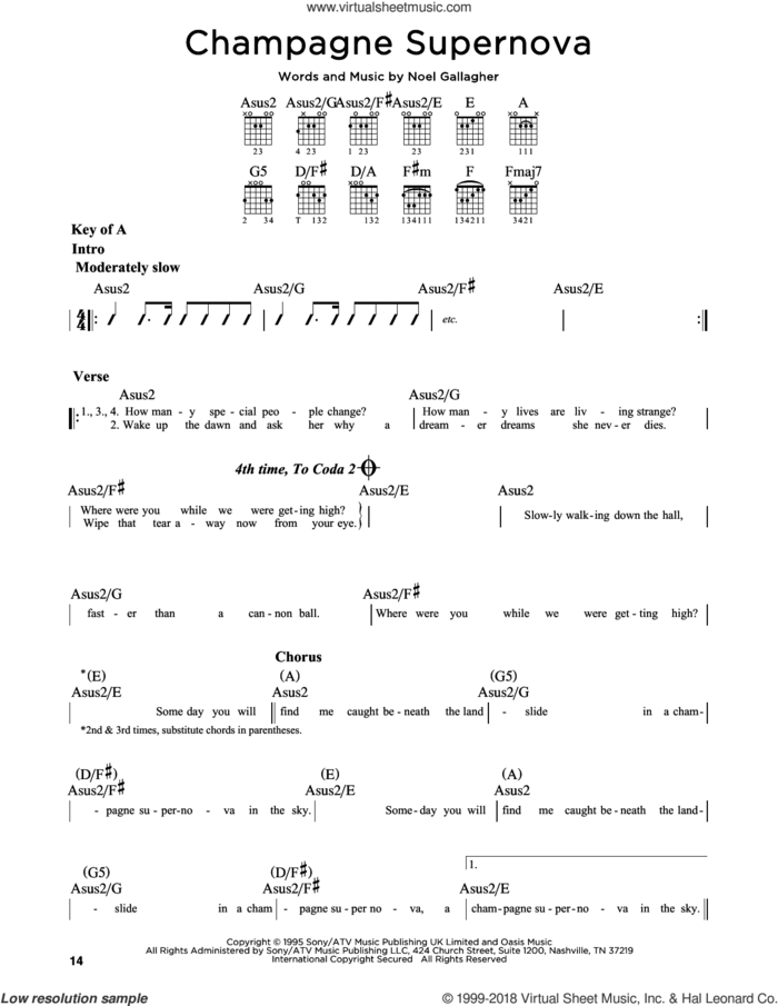 Champagne Supernova sheet music for guitar solo (lead sheet) by Oasis and Noel Gallagher, intermediate guitar (lead sheet)