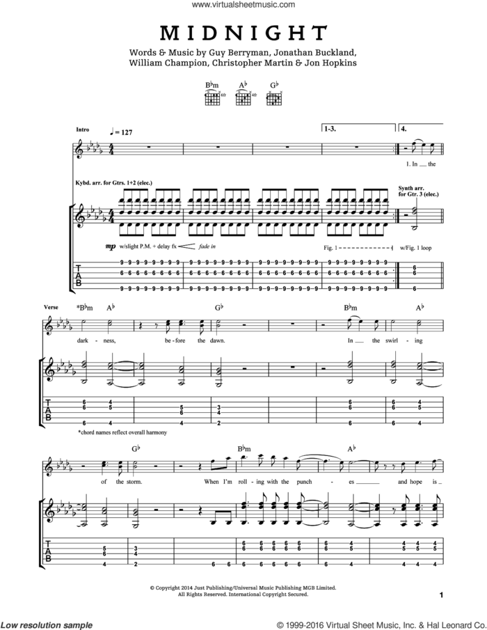 Midnight sheet music for guitar (tablature) by Guy Berryman, Coldplay, Chris Martin, Jon Buckland, Jon Hopkins and Will Champion, intermediate skill level