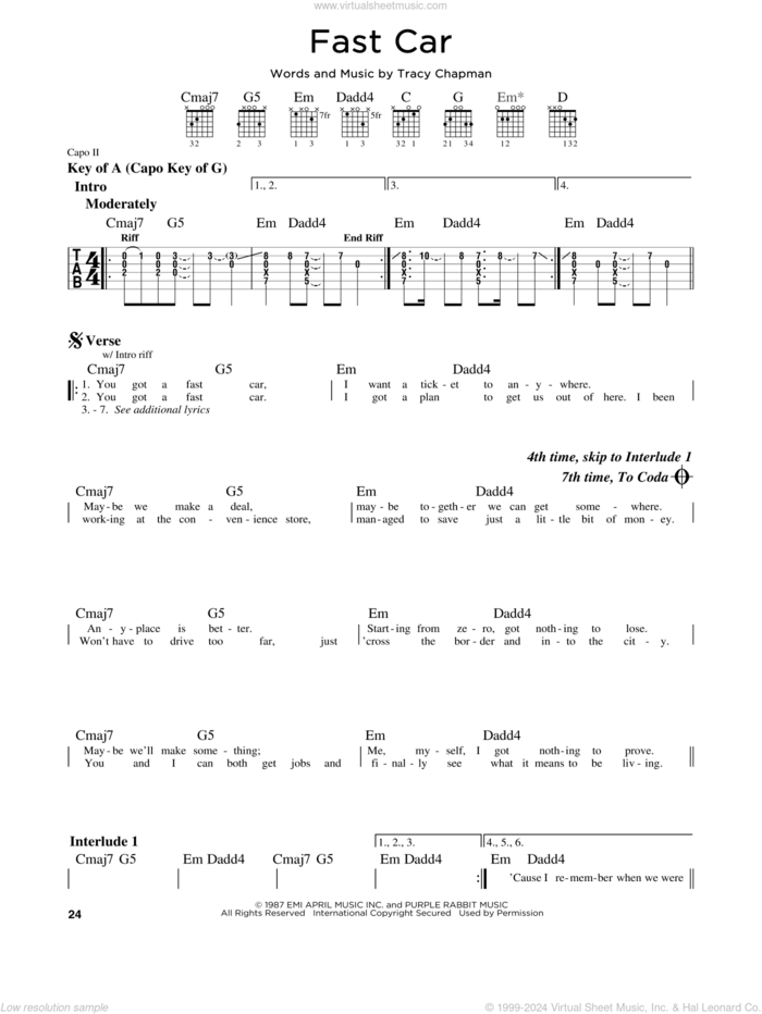 Fast Car sheet music for guitar solo (lead sheet) by Tracy Chapman, intermediate guitar (lead sheet)