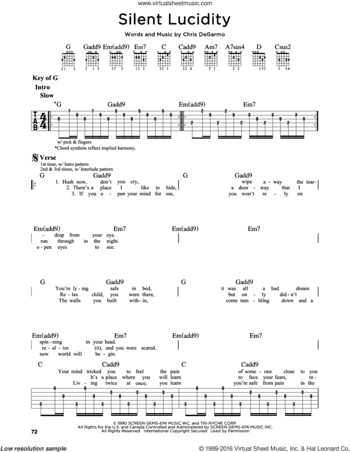 Silent Lucidity sheet music for guitar solo (lead sheet) by Queensryche and Chris DeGarmo, intermediate guitar (lead sheet)