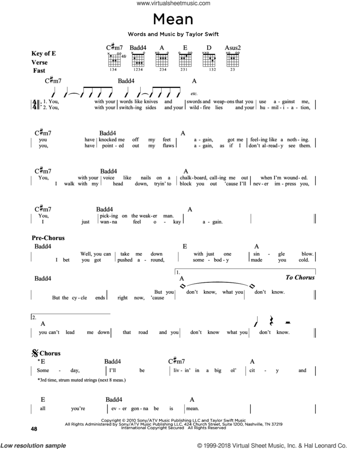 Mean sheet music for guitar solo (lead sheet) by Taylor Swift, intermediate guitar (lead sheet)