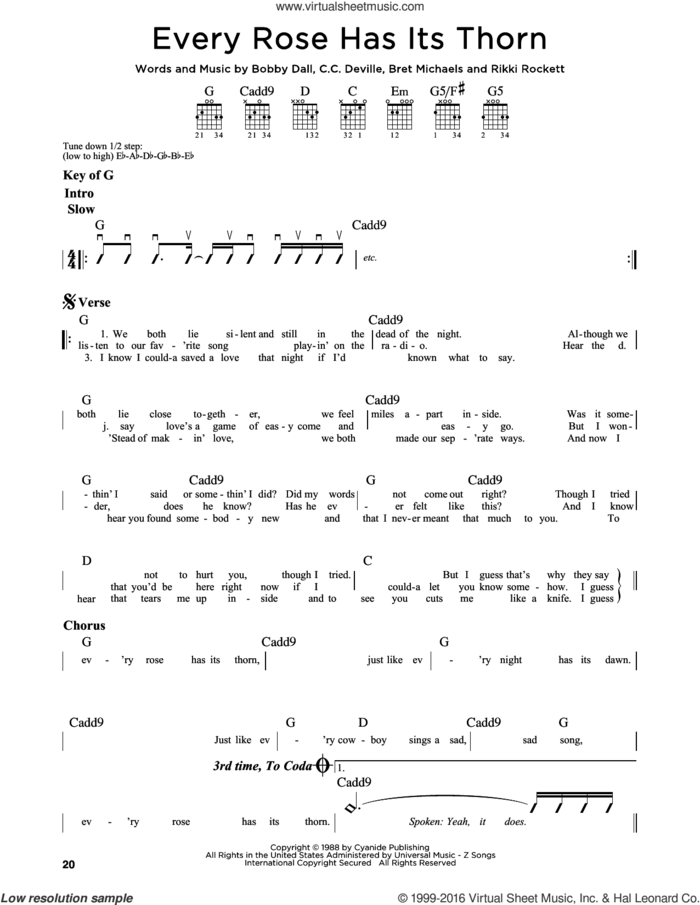 Every Rose Has Its Thorn sheet music for guitar solo (lead sheet) by Poison, Bobby Dall, Bret Michaels, C.C. Deville and Rikki Rockett, intermediate guitar (lead sheet)