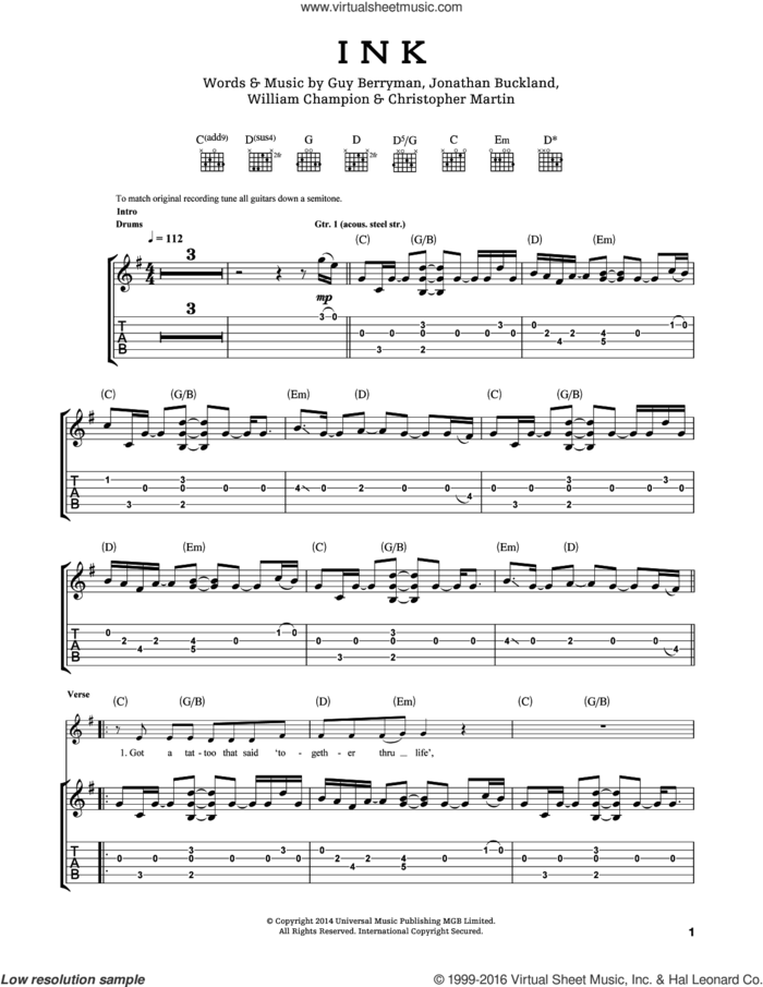 Ink sheet music for guitar (tablature) by Guy Berryman, Coldplay, Chris Martin, Jon Buckland and Will Champion, intermediate skill level