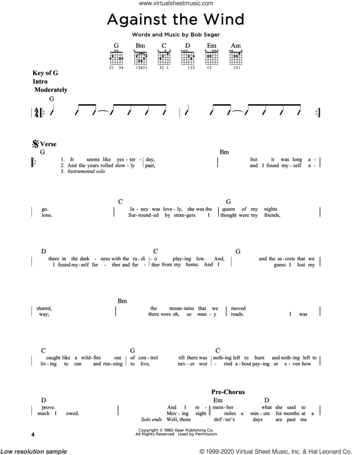 Against The Wind sheet music for guitar solo (lead sheet) by Bob Seger and Bob Seger & The Silver Bullet Band, intermediate guitar (lead sheet)