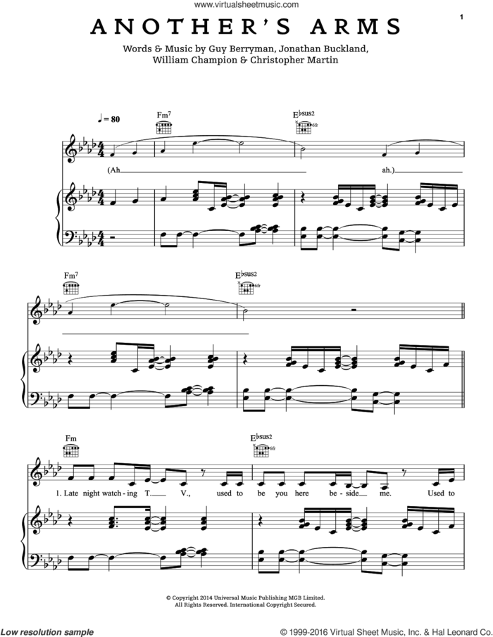 Another's Arms sheet music for voice, piano or guitar by Guy Berryman, Coldplay, Chris Martin, Jon Buckland and Will Champion, intermediate skill level