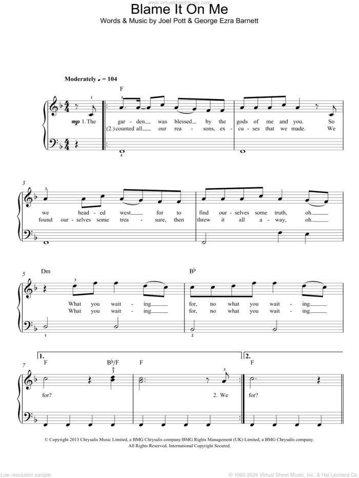 Blame It On Me sheet music for piano solo by George Ezra, George Ezra Barnett and Joel Pott, easy skill level