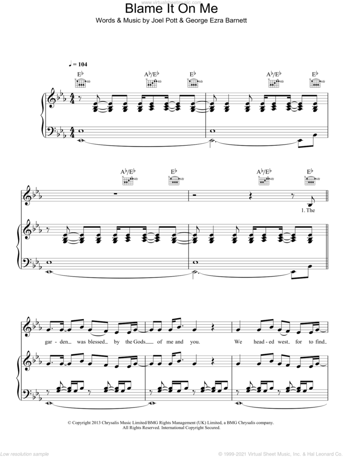 Blame It On Me sheet music for voice, piano or guitar by George Ezra, George Ezra Barnett and Joel Pott, intermediate skill level
