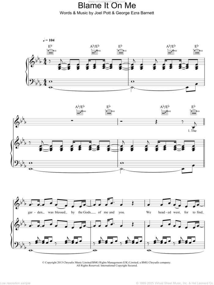 Blame It On Me sheet music for voice, piano or guitar by George Ezra, George Ezra Barnett and Joel Pott, intermediate skill level