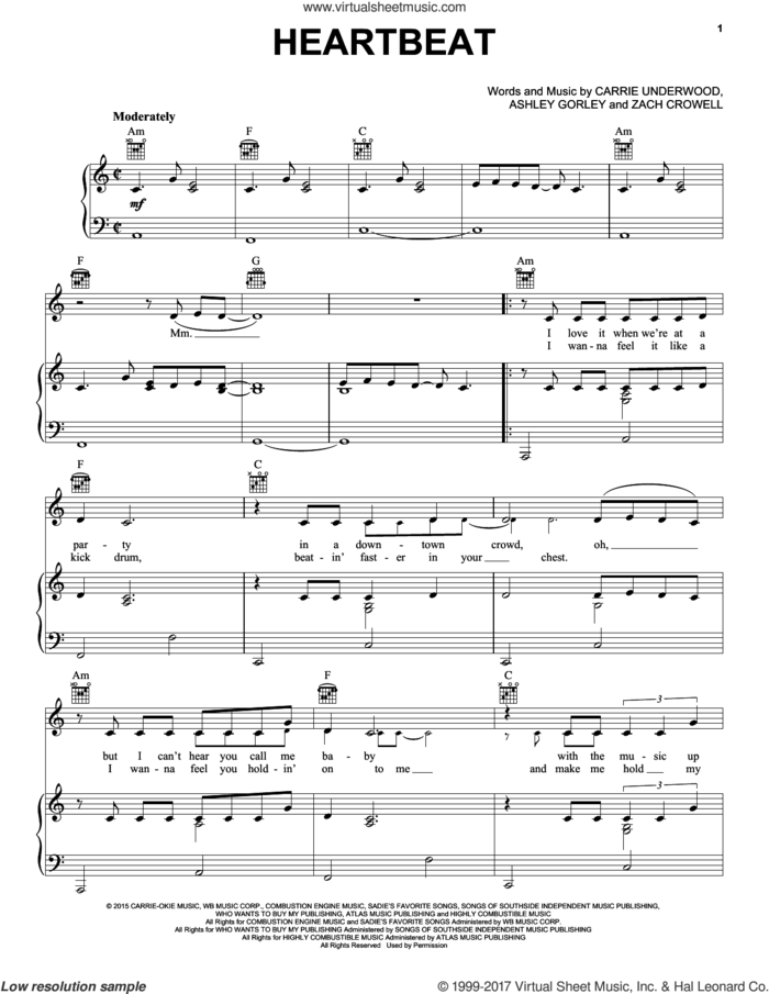Heartbeat sheet music for voice, piano or guitar by Carrie Underwood, Ashley Gorley and Zach Crowell, intermediate skill level