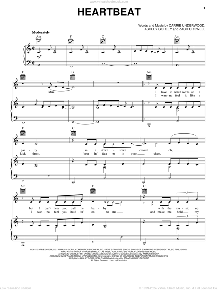 Heartbeat sheet music for voice, piano or guitar by Carrie Underwood, Ashley Gorley and Zach Crowell, intermediate skill level
