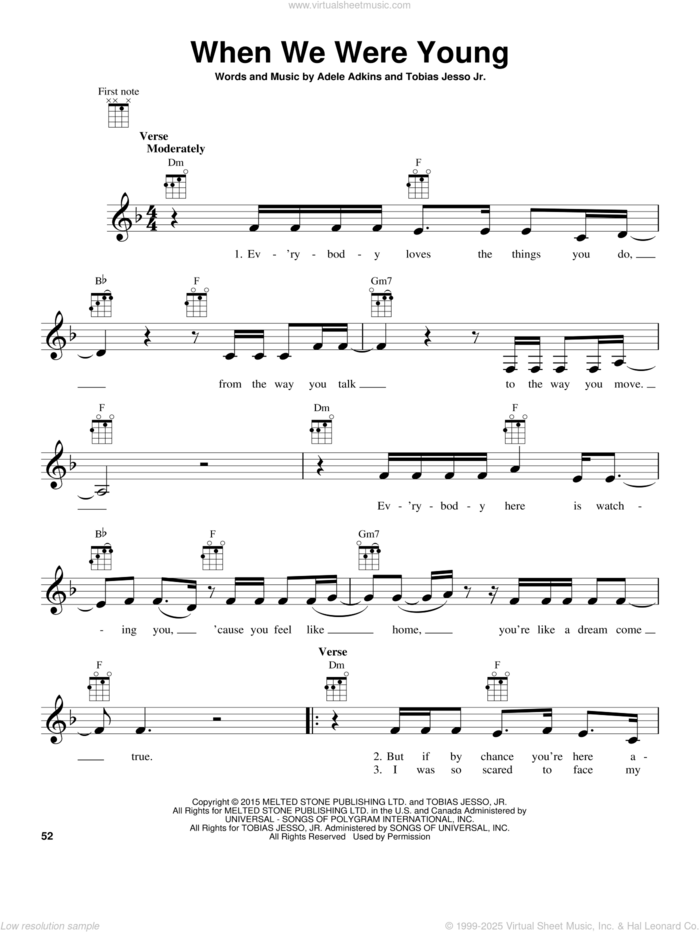 When We Were Young sheet music for ukulele by Adele, Adele Adkins and Tobias Jesso Jr., intermediate skill level