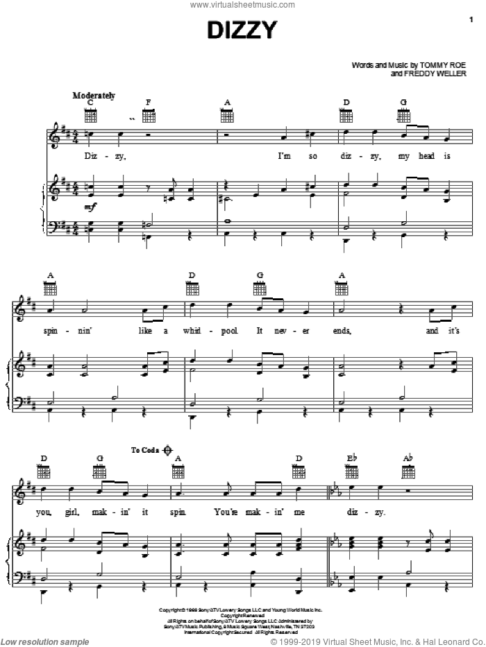 Dizzy sheet music for voice, piano or guitar by Freddy Weller and Tommy Roe, intermediate skill level