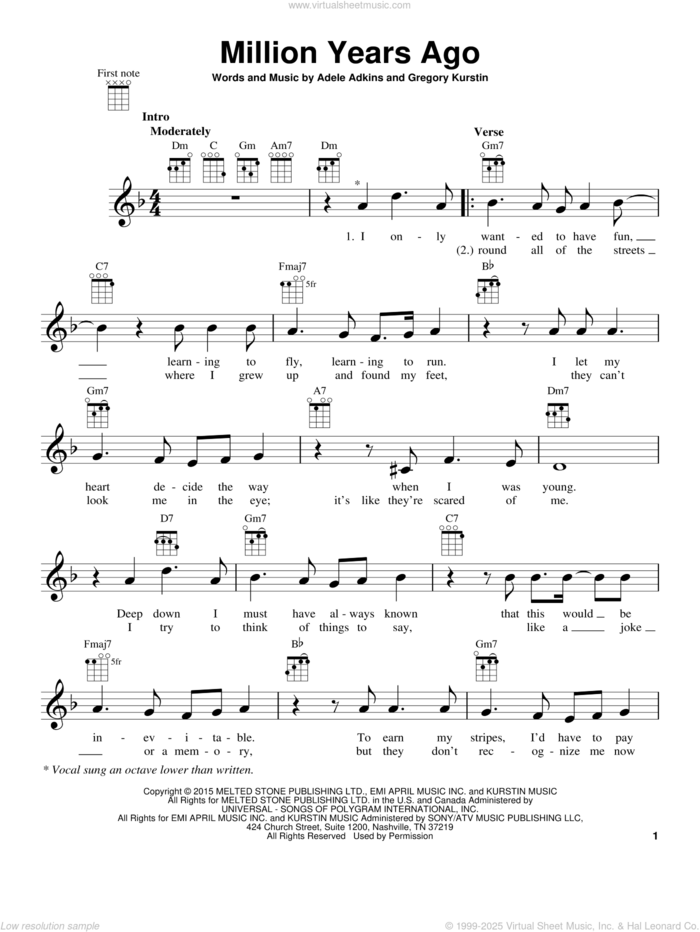 Million Years Ago sheet music for ukulele by Adele, Adele Adkins and Gregory Kurstin, intermediate skill level