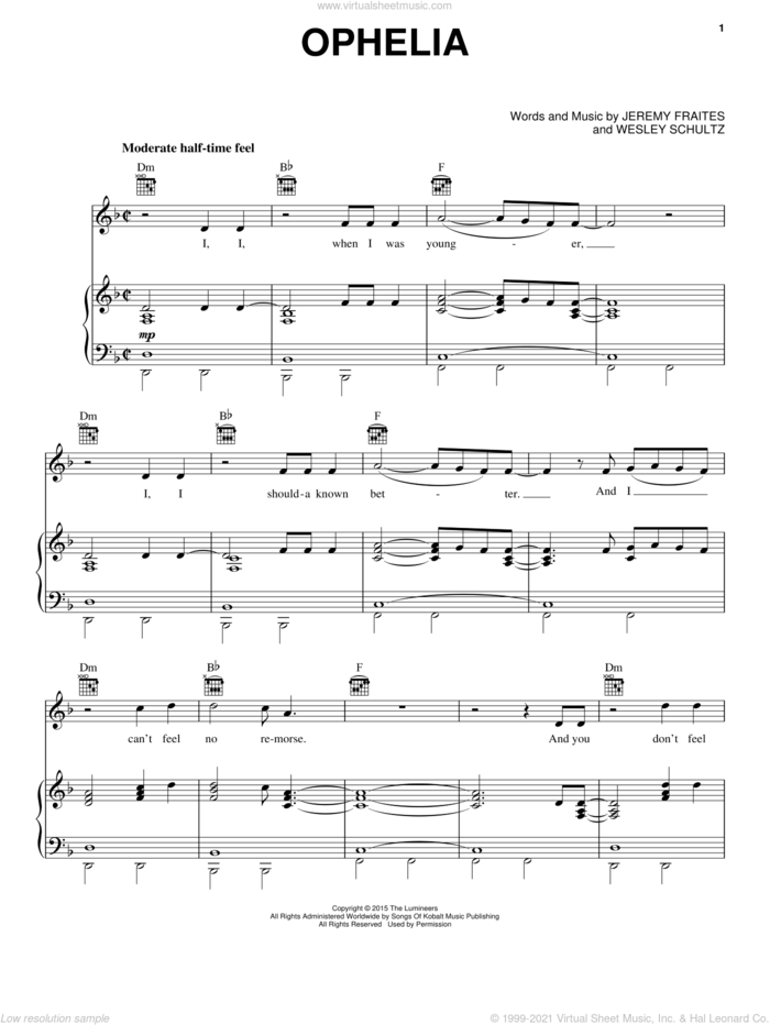 Ophelia sheet music for voice, piano or guitar by The Lumineers and Jeremy Fraites, intermediate skill level