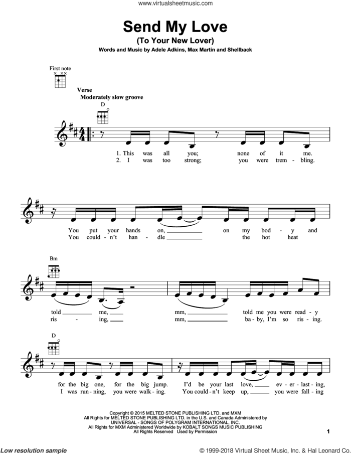Send My Love (To Your New Lover) sheet music for ukulele by Adele, Adele Adkins, Johan Schuster, Max Martin and Shellback, intermediate skill level
