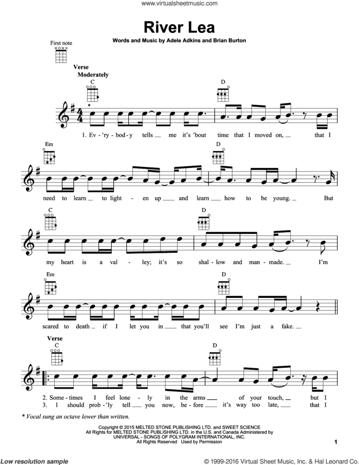 River Lea sheet music for ukulele by Adele, Adele Adkins and Brian Burton, intermediate skill level