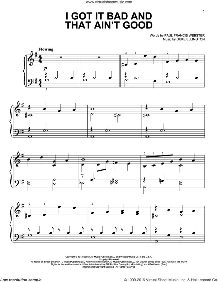 I Got It Bad And That Ain't Good sheet music for piano solo by Paul Francis Webster and Duke Ellington, easy skill level