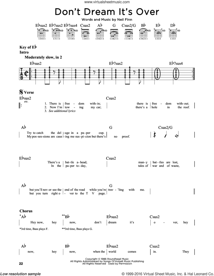 Don't Dream It's Over sheet music for guitar solo (lead sheet) by Crowded House, Donny Osmond and Neil Finn, intermediate guitar (lead sheet)