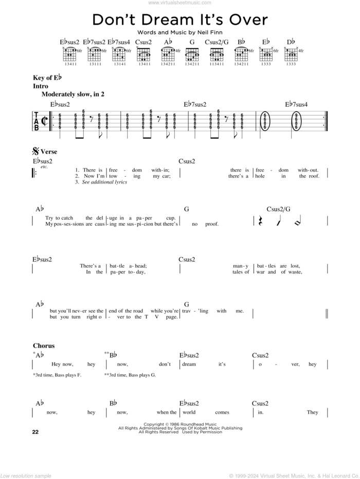 Don't Dream It's Over sheet music for guitar solo (lead sheet) by Crowded House, Donny Osmond and Neil Finn, intermediate guitar (lead sheet)