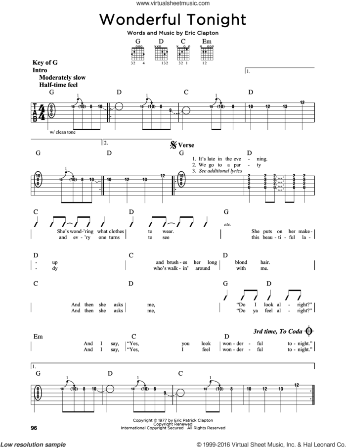 Wonderful Tonight sheet music for guitar solo (lead sheet) by Eric Clapton and David Kersh, wedding score, intermediate guitar (lead sheet)