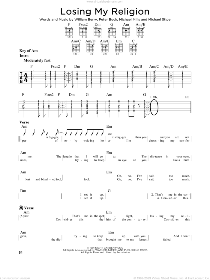 Losing My Religion sheet music for guitar solo (lead sheet) by R.E.M., Dia Frampton, Michael Stipe, Mike Mills, Peter Buck and William Berry, intermediate guitar (lead sheet)