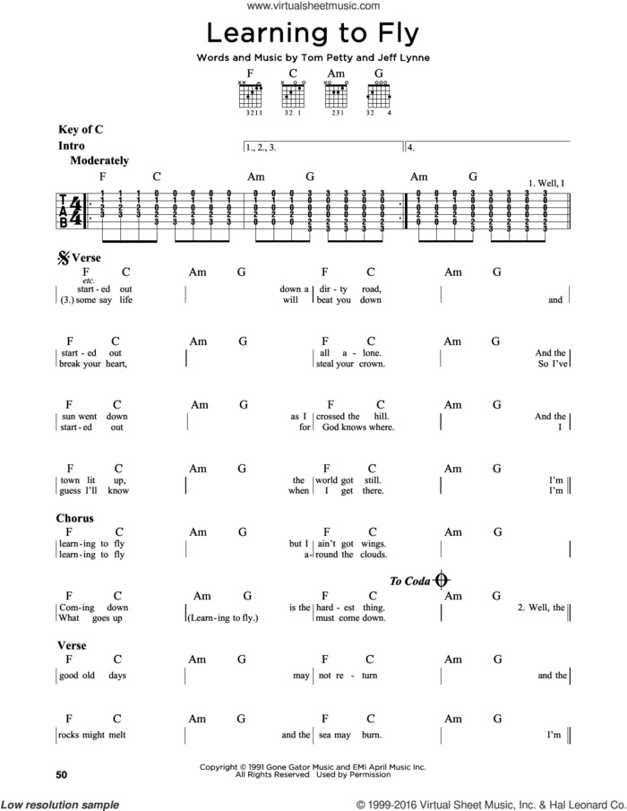 Learning To Fly sheet music for guitar solo (lead sheet) by Tom Petty and Jeff Lynne, intermediate guitar (lead sheet)