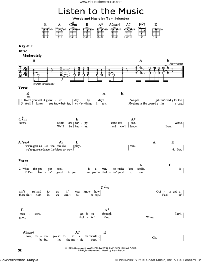 Listen To The Music sheet music for guitar solo (lead sheet) by The Doobie Brothers and Tom Johnston, intermediate guitar (lead sheet)