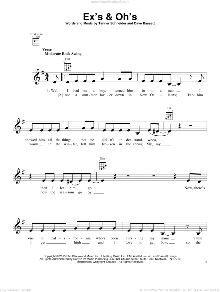 Ex's and Oh's sheet music for ukulele by Elle King, Dave Bassett and Tanner Schneider, intermediate skill level