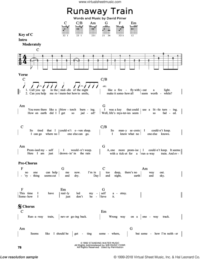 Runaway Train sheet music for guitar solo (lead sheet) by Soul Asylum and David Pirner, intermediate guitar (lead sheet)