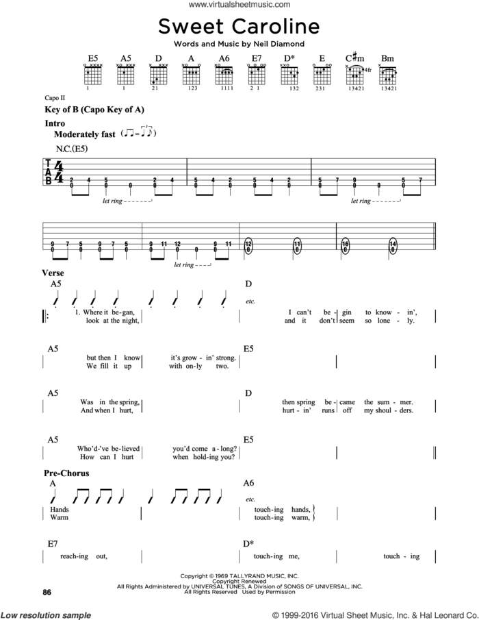 Sweet Caroline sheet music for guitar solo (lead sheet) by Neil Diamond, intermediate guitar (lead sheet)