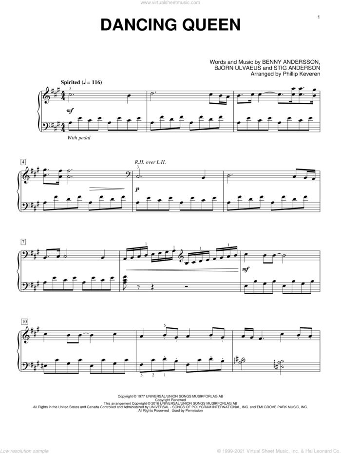 Dancing Queen (arr. Phillip Keveren) sheet music for piano solo by Benny Andersson, Phillip Keveren, ABBA, Bjorn Ulvaeus and Stig Anderson, intermediate skill level