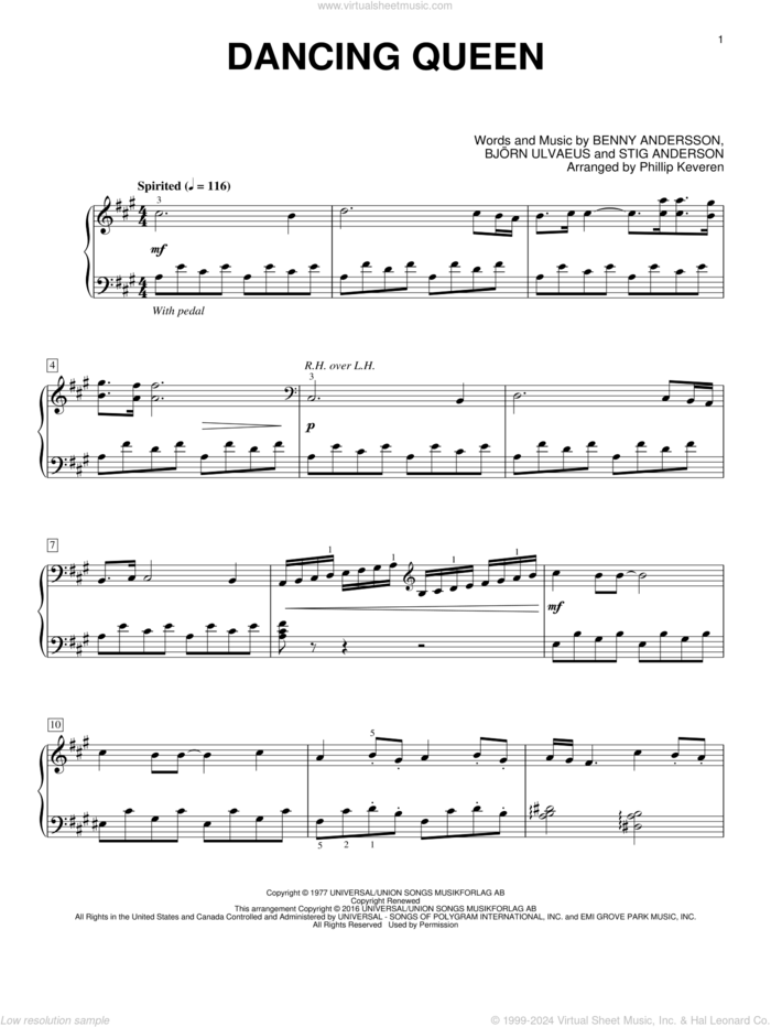 Dancing Queen (arr. Phillip Keveren) sheet music for piano solo by Benny Andersson, Phillip Keveren, ABBA, Bjorn Ulvaeus and Stig Anderson, intermediate skill level