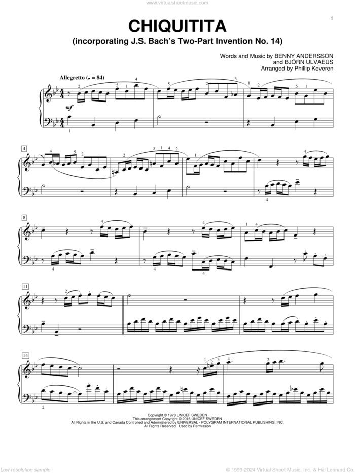 Chiquitita (arr. Phillip Keveren) sheet music for piano solo by Benny Andersson, Phillip Keveren, ABBA and Bjorn Ulvaeus, intermediate skill level