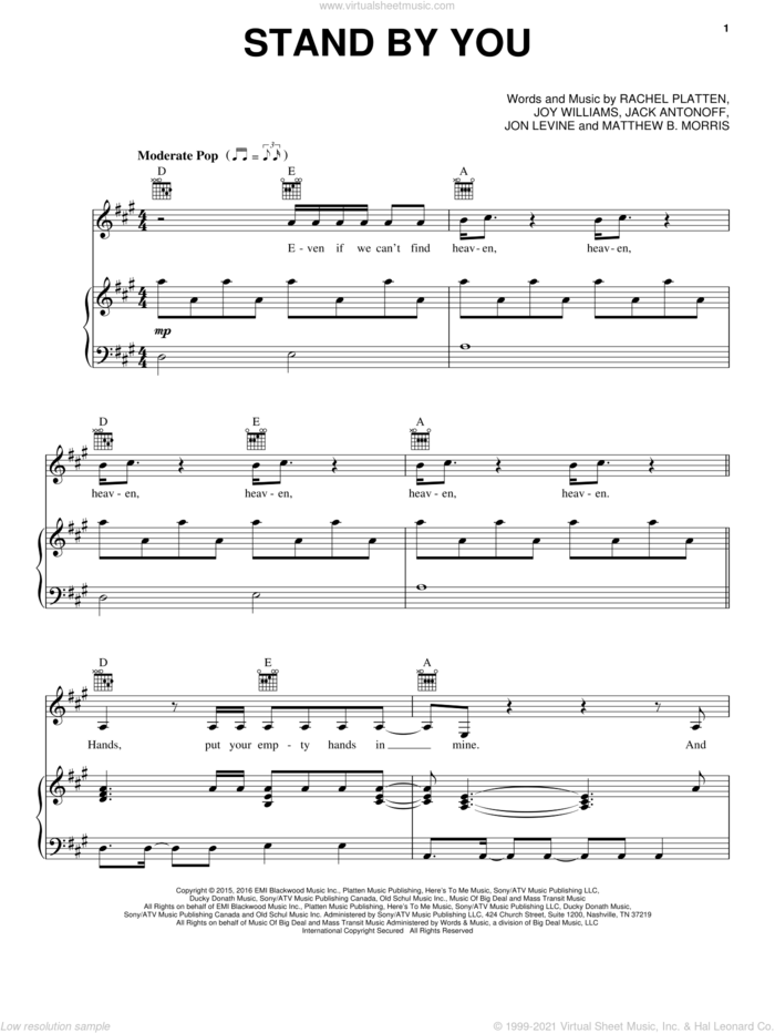 Stand By You sheet music for voice, piano or guitar by Rachel Platten, Jack Antonoff, Joy Williams and Matthew Morris, intermediate skill level