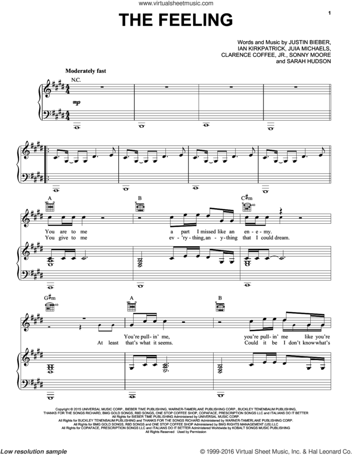 The Feeling sheet music for voice, piano or guitar by Justin Bieber, Clarence Coffee, Jr., Ian Kirkpatrick, Julia Michaels, Sarah Hudson and Sonny Moore, intermediate skill level