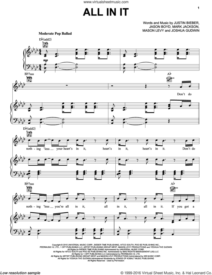 All In It sheet music for voice, piano or guitar by Justin Bieber, Jason Boyd, Joshua Gudwin, Mark Jackson and Mason Levy, intermediate skill level