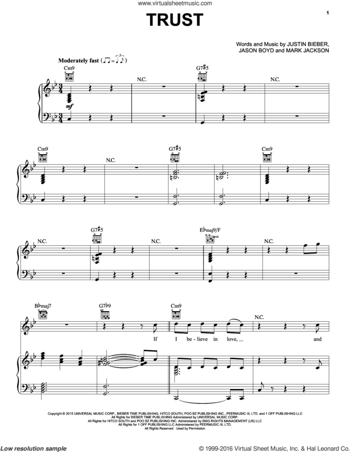 Trust sheet music for voice, piano or guitar by Justin Bieber, Jason Boyd and Mark Jackson, intermediate skill level